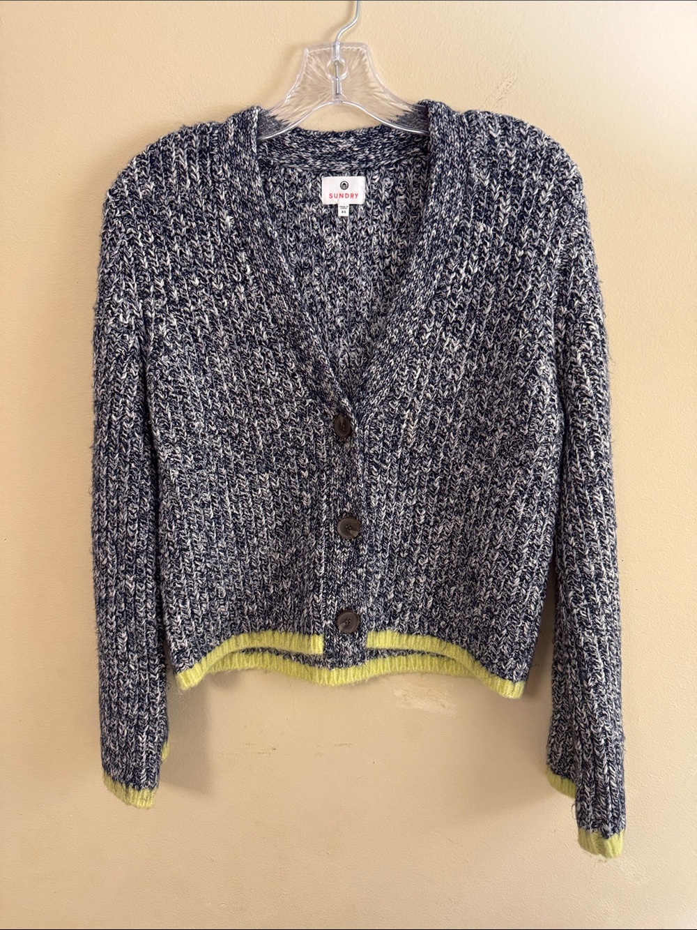 NWOT! Sundry Marled Knit Cardigan Sweater Navy White Neon Lime Accent Size XS